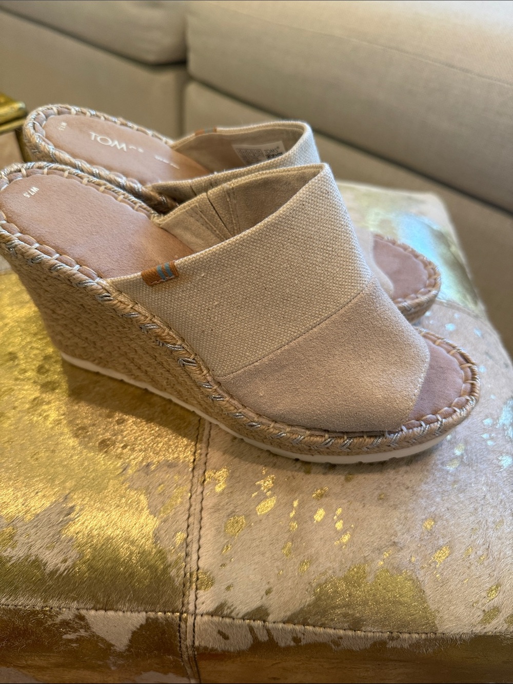 TOMS Tan Canvas Espadrille Wedge Mule